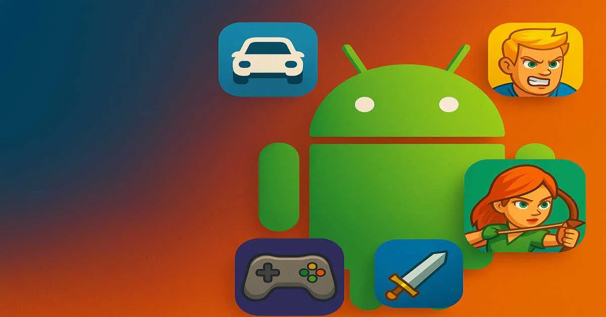 Illustration of the Android logo surrounded by popular mobile game icons