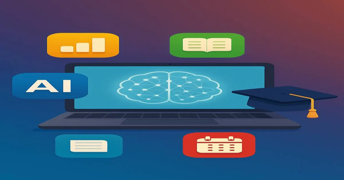 AI productivity tools for students in 2025 featuring a laptop, calendar, and learning icons
