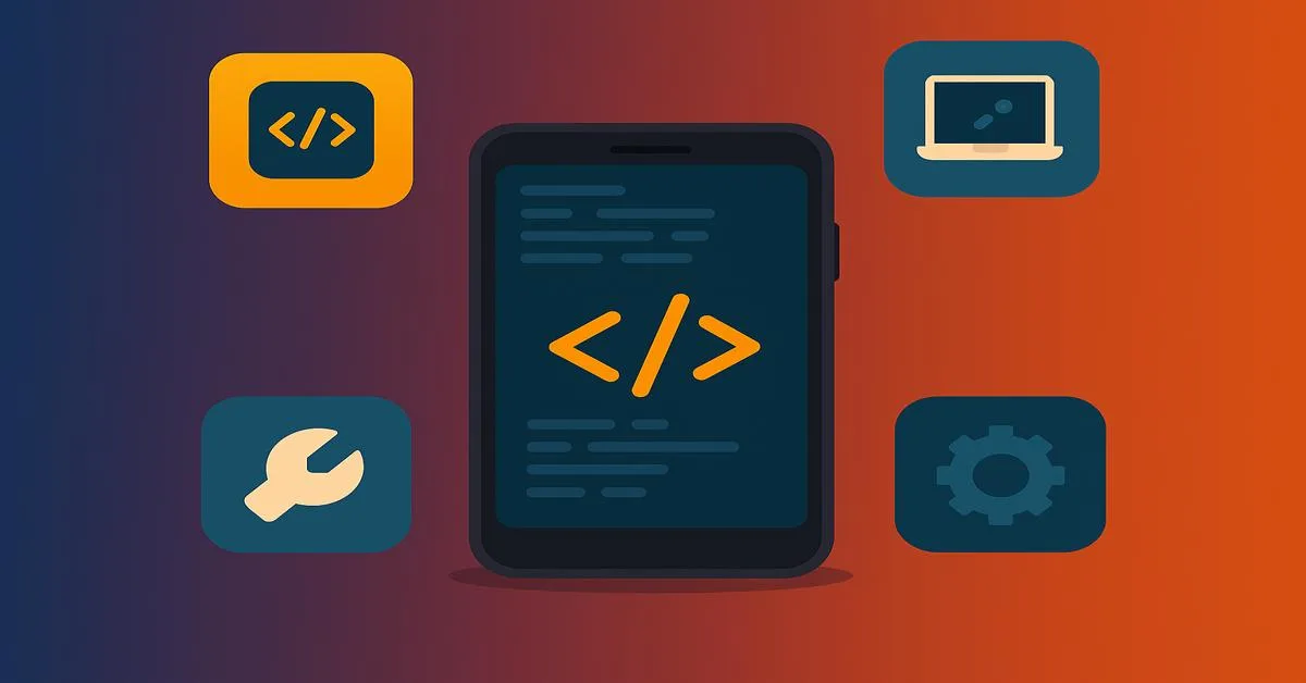 Android phone surrounded by coding app icons on a gradient background