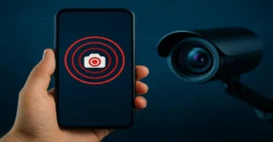 Smartphone with camera alert icon and CCTV camera showing mobile security system integration