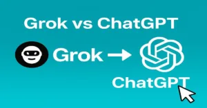Comparison between Grok and ChatGPT with icons and arrow indicating transition from Grok to ChatGPT on a teal background