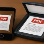A smartphone scanning a PDF scanner document beside a flatbed scanner, representing a free PDF scanner app without watermark. pdf scanner apps