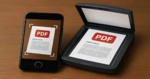 A smartphone scanning a PDF scanner document beside a flatbed scanner, representing a free PDF scanner app without watermark. pdf scanner apps