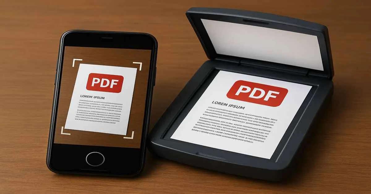 A smartphone scanning a PDF scanner document beside a flatbed scanner, representing a free PDF scanner app without watermark. pdf scanner apps