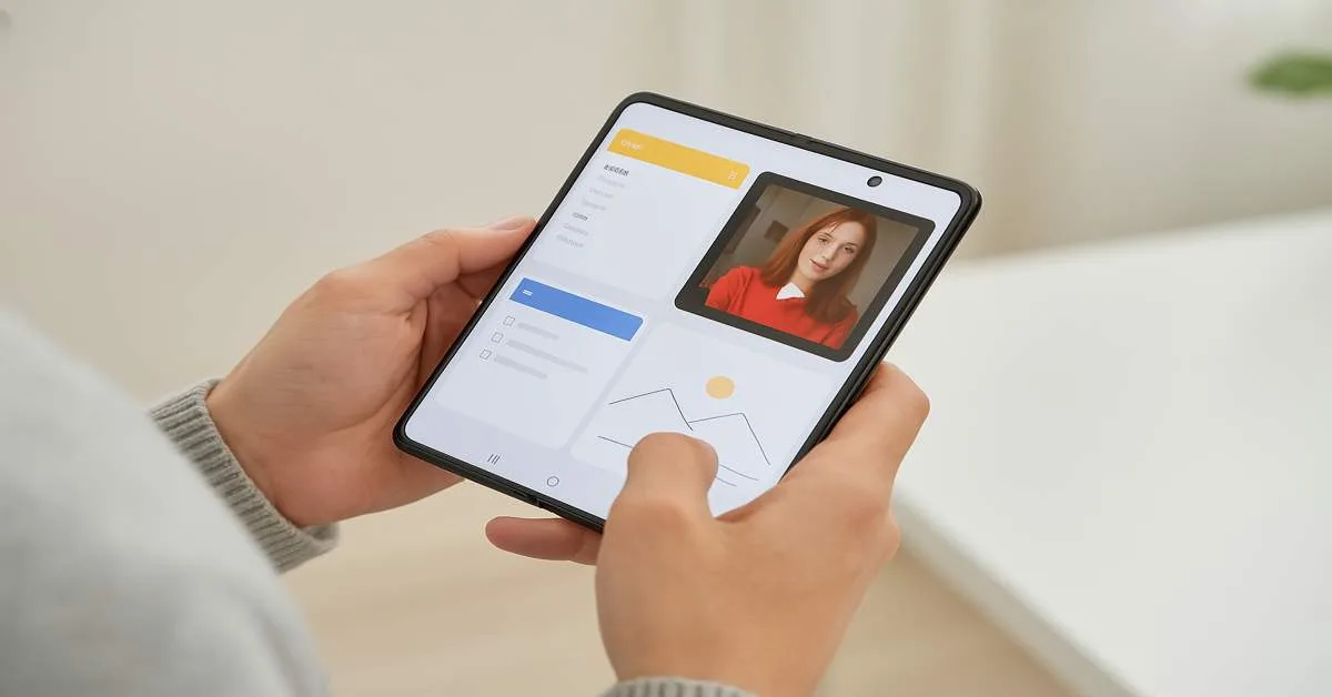 Person using a foldable smartphone with foldable app 2025 for video call and multitasking apps