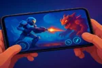 Person playing AI-powered mobile games on a smartphone featuring a futuristic battle scene with robots and monsters.