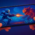 Person playing AI-powered mobile games on a smartphone featuring a futuristic battle scene with robots and monsters.