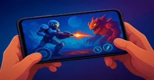 Person playing AI-powered mobile games on a smartphone featuring a futuristic battle scene with robots and monsters.
