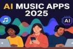 Colorful digital illustration of diverse creators using AI Music Apps 2025 on laptops and phones, surrounded by sound waves and AI icons.