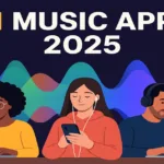 Colorful digital illustration of diverse creators using AI Music Apps 2025 on laptops and phones, surrounded by sound waves and AI icons.