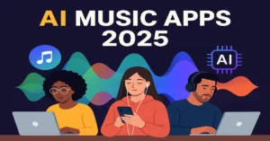 Colorful digital illustration of diverse creators using AI Music Apps 2025 on laptops and phones, surrounded by sound waves and AI icons.