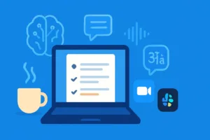 Digital illustration of AI note-taking 2025 showing a laptop with smart transcription notes, AI icons, and productivity tools.