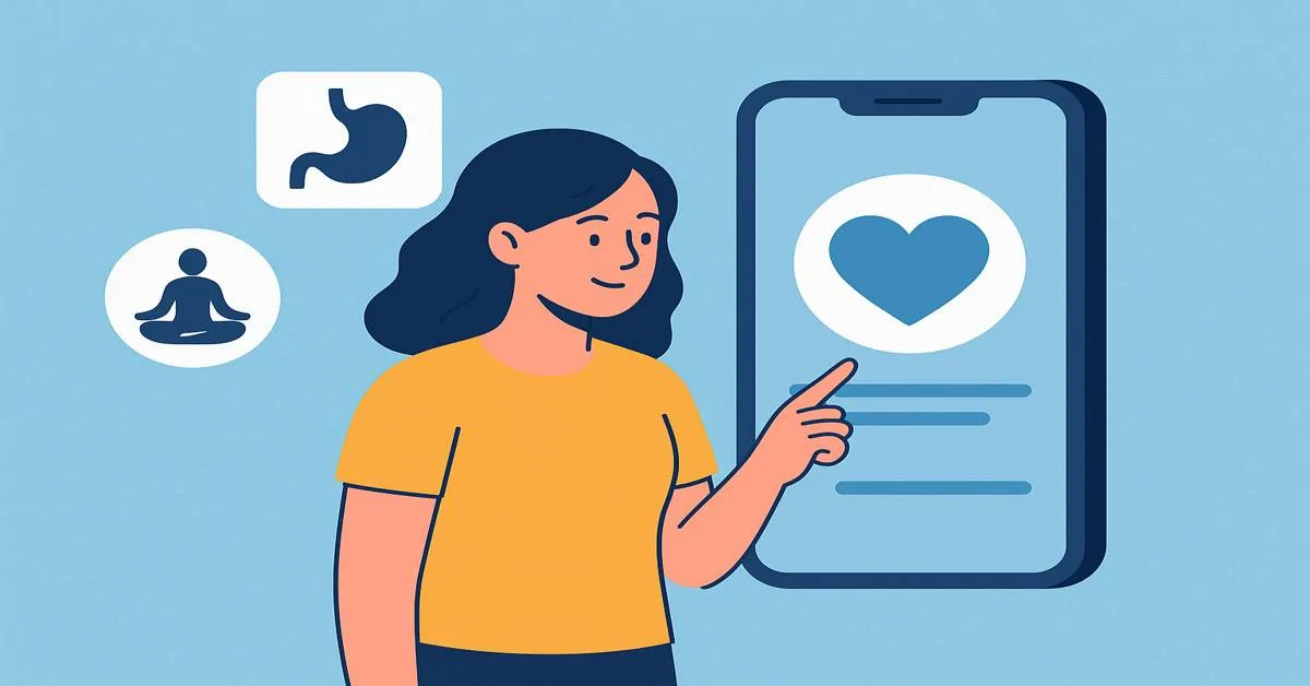 Illustration of AI Health Apps 2025 showing a woman using a smartphone with wellness and healthcare icons around it
