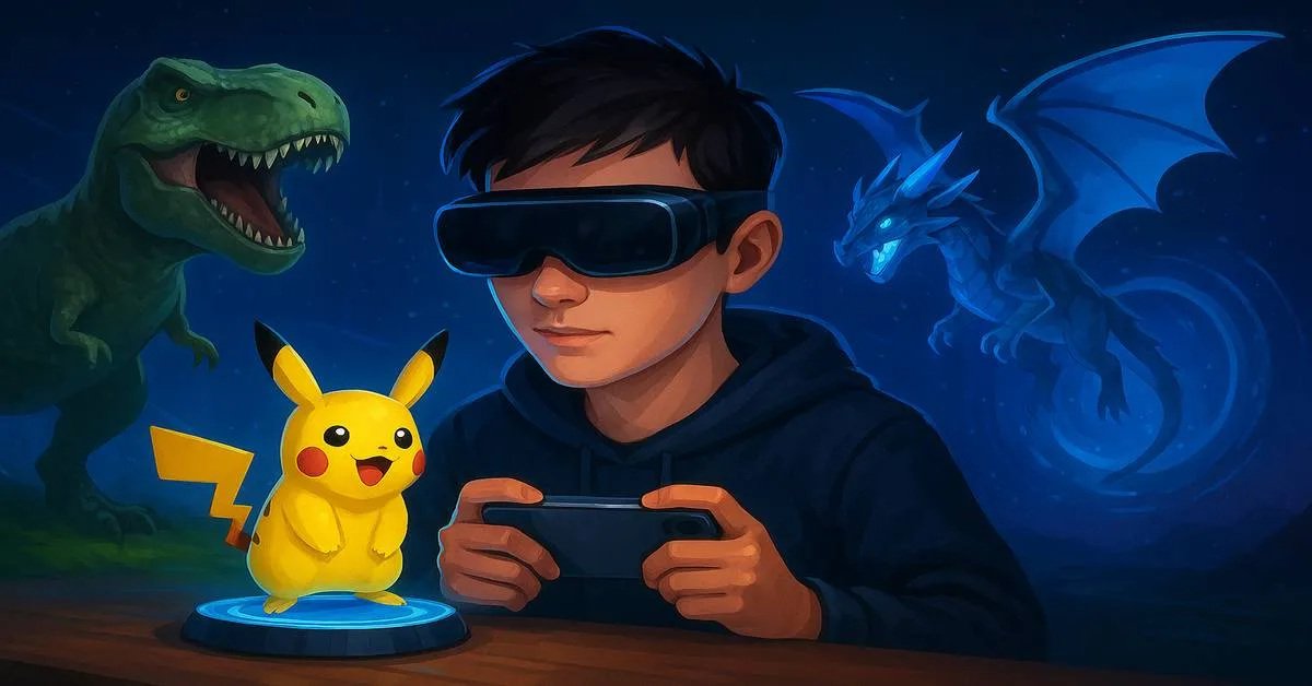 Gamer wearing AR glasses playing mobile XR game with Pikachu, T-Rex, and a glowing blue dragon in a futuristic immersive environment