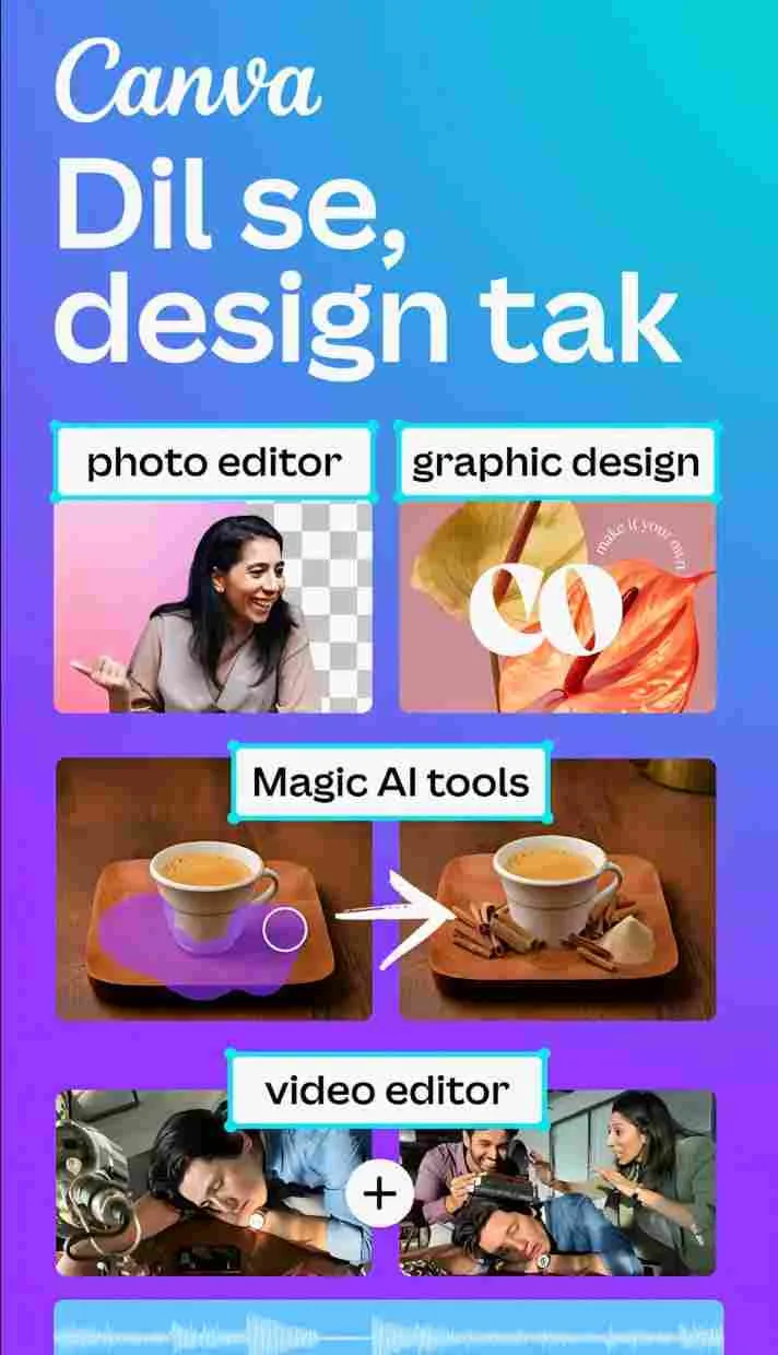 canva_compressed Canva app showing photo editing, graphic design, AI tools, and video editing features
