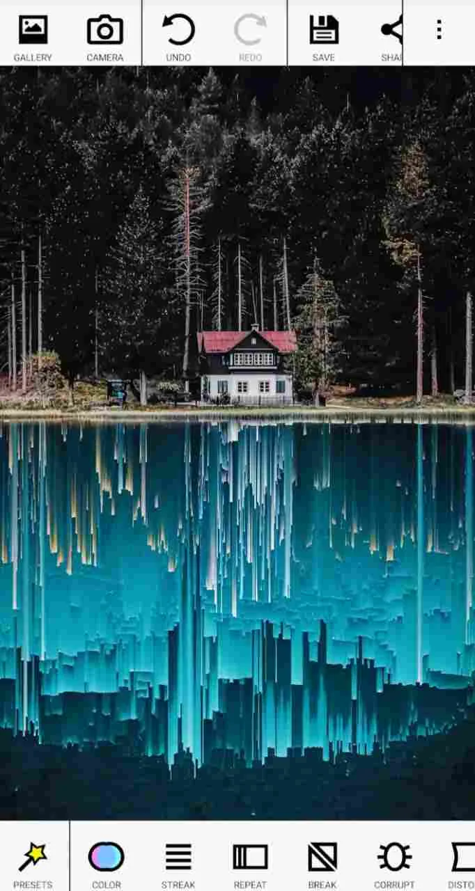 glitch_compressed Artistic glitch effect applied to a house reflection using a mobile editor interface.