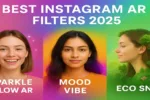 Bright collage of Instagram AR filters 2025 showcasing Sparkle Glow AR, Mood Vibe, and Eco Snap effects.