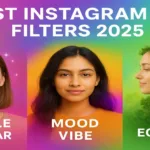 Bright collage of Instagram AR filters 2025 showcasing Sparkle Glow AR, Mood Vibe, and Eco Snap effects.