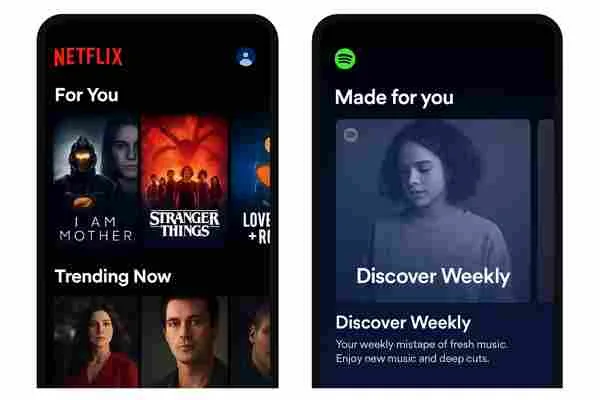 Side-by-side comparison of Netflix personalized homepage showing movie suggestions and Spotify Discover Weekly playlist showcasing AI-driven recommendations.