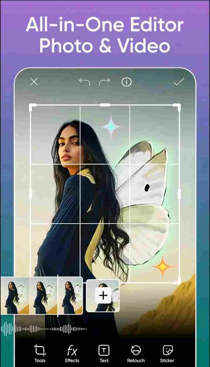 pics_compressed Pics Art photo editor app interface showing cropping tool with a fairy themed portrait