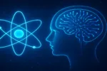 Futuristic illustration of brain and atom symbol representing Quantum AI apps 2025.