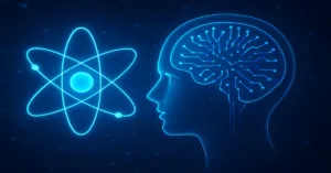 Futuristic illustration of brain and atom symbol representing Quantum AI apps 2025.
