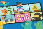 Colorful illustration of a smartphone displaying educational games for kids, surrounded by playful cartoon characters, representing top mobile learning apps for children in 2025