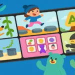 Colorful illustration of a smartphone displaying educational games for kids, surrounded by playful cartoon characters, representing top mobile learning apps for children in 2025
