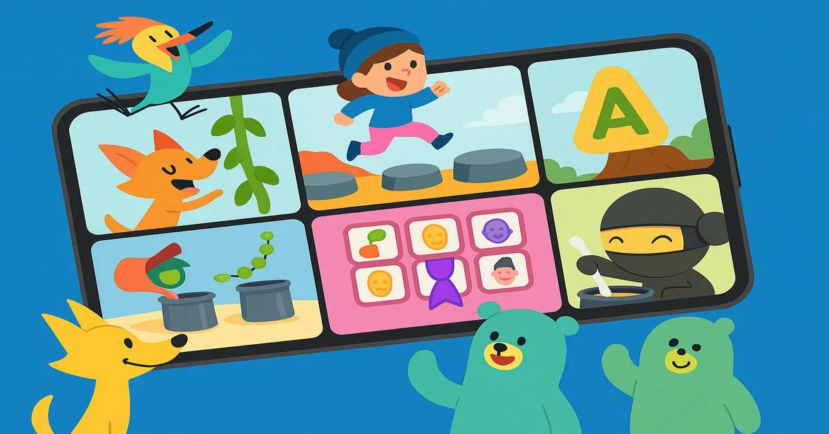 Colorful illustration of a smartphone displaying educational games for kids, surrounded by playful cartoon characters, representing top mobile learning apps for children in 2025