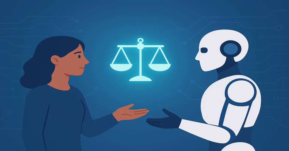 Illustration of a human and AI robot with justice scales symbolizing responsible AI in 2025
