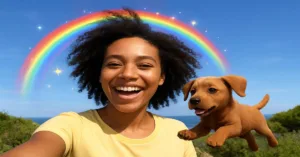 A woman smiling with a virtual rainbow and 3D puppy created using XR photo apps 2025 for augmented reality editing.