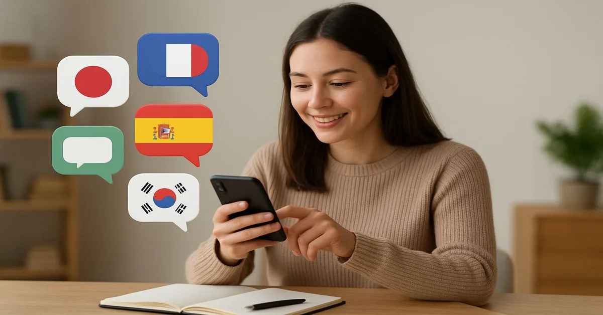 A young woman using her smartphone to study with speech bubbles of global flags, symbolizing Free Language Learning Apps 2025.