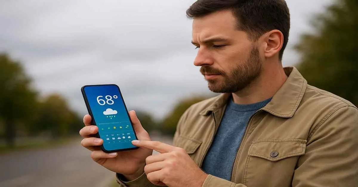 Man outdoors checking weather forecast on phone – best free weather apps 2025