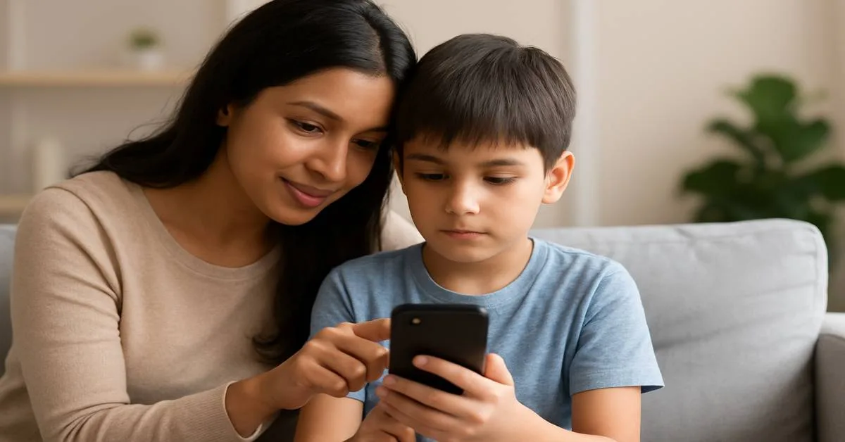 Mother guiding her child on a smartphone at home, symbolizing safe online use with free parental control apps.