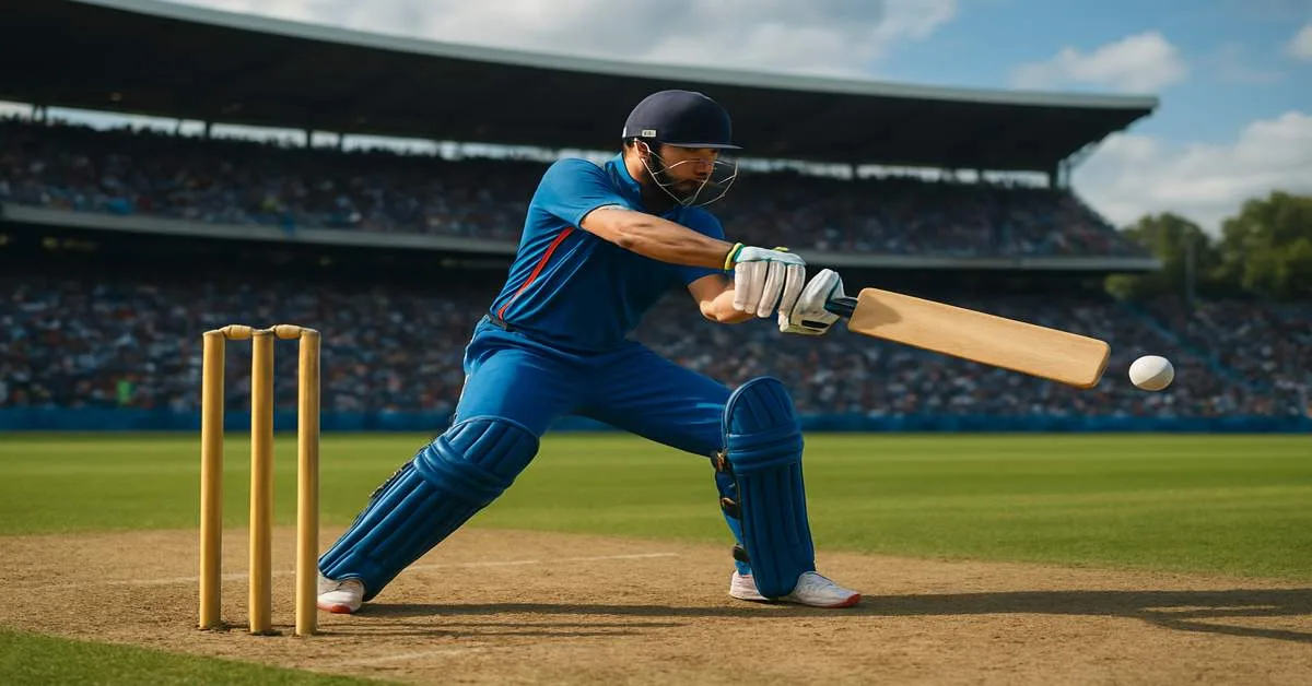 Dynamic cricket action shot of a batsman hitting the ball in a packed stadium – best cricket games for Android 2025
