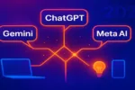 Futuristic network illustration of the best free AI chatbots 2025, featuring abstract glowing speech bubbles and connections symbolizing ChatGPT, Gemini AI, and Meta AI.