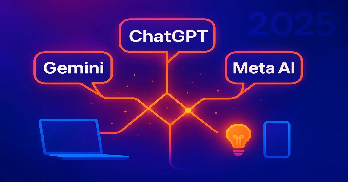 Futuristic network illustration of the best free AI chatbots 2025, featuring abstract glowing speech bubbles and connections symbolizing ChatGPT, Gemini AI, and Meta AI.