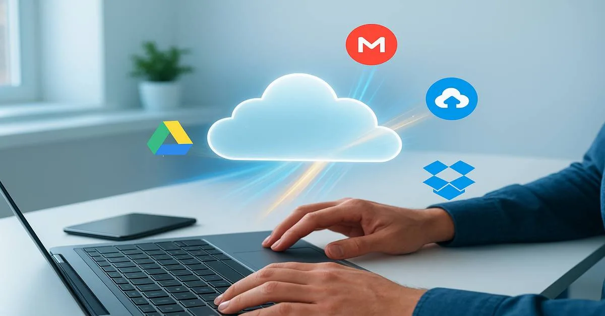 Person using a laptop with glowing cloud icons for Google Drive, MEGA, Dropbox, and TeraBox, representing best free cloud storage 2025 apps.