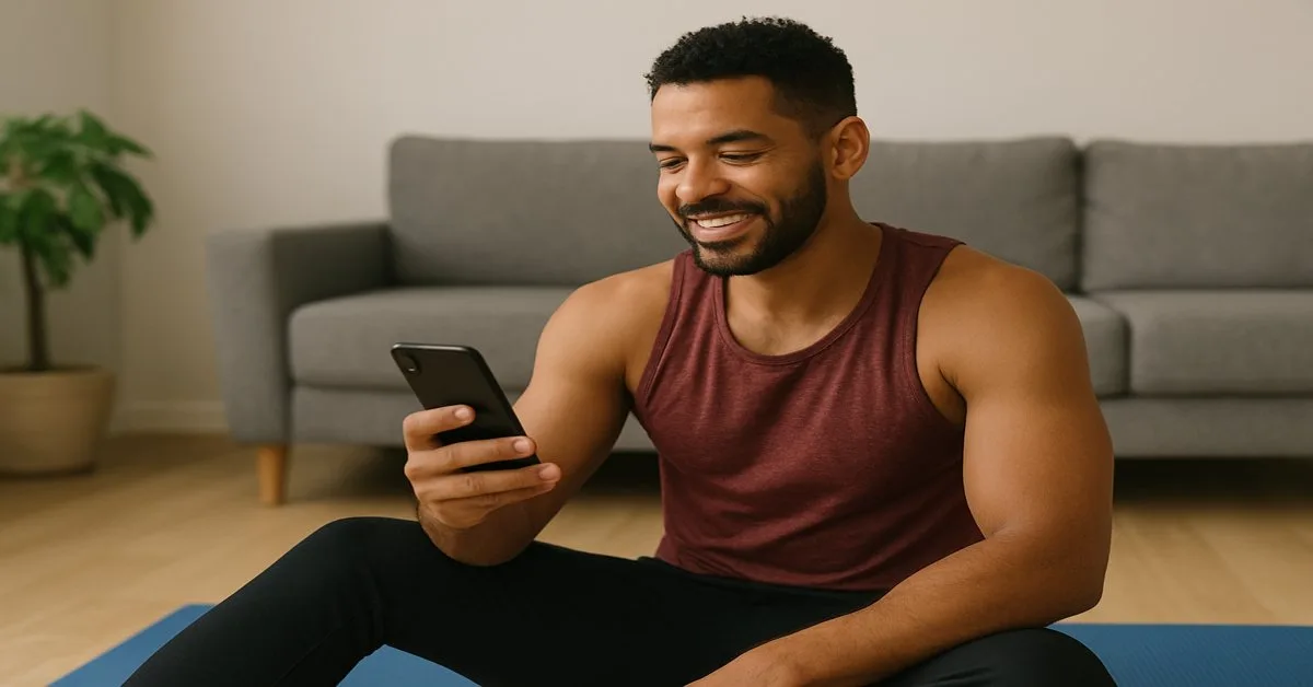 Man using free fitness apps in 2025 on smartphone during a home workout.