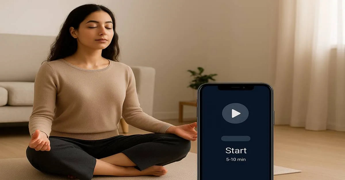 A woman meditating peacefully at home with a smartphone showing a meditation app interface free meditation apps 2025.