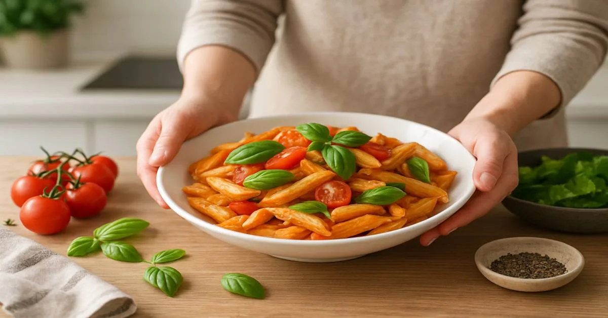 Freshly cooked pasta with cherry tomatoes and basil served in a bowl. best free recipe apps 2025.