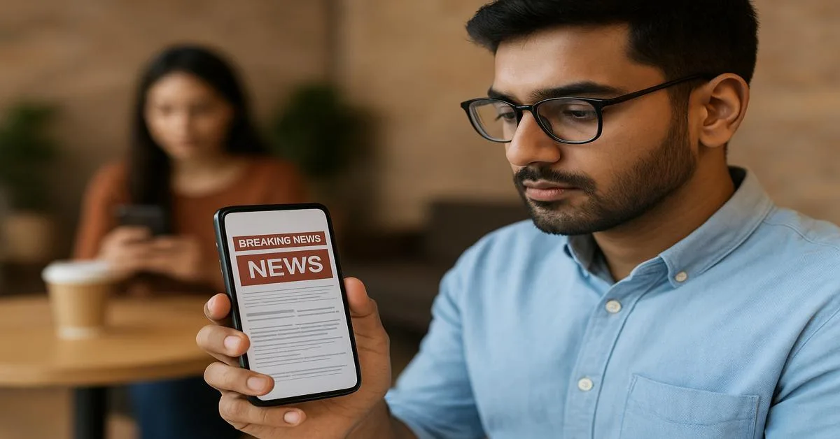 A young man using his smartphone to browse the best free news apps 2025 while sitting in a cozy modern cafe.